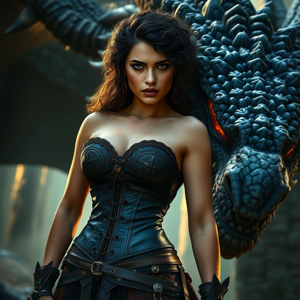 Warrior Woman and Dragon in Golden Light