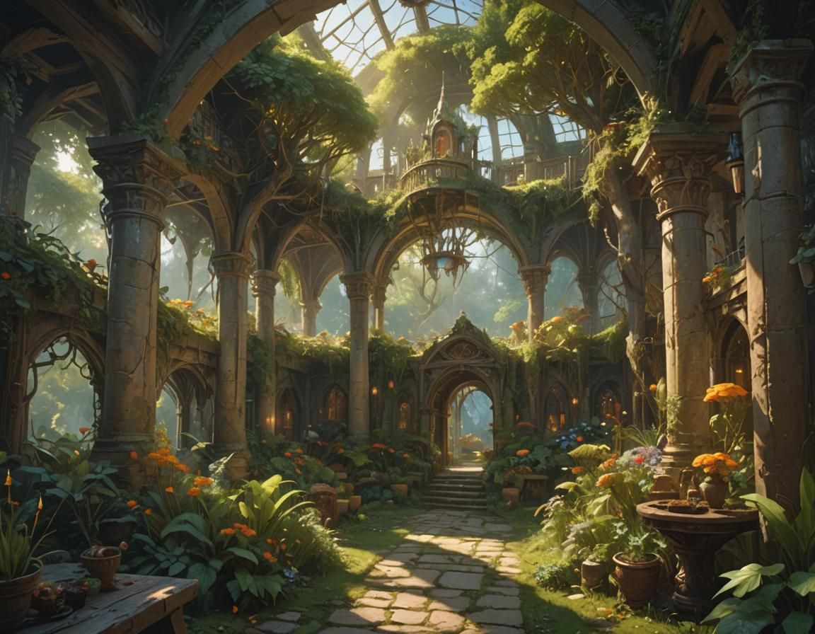 Golden Elven Garden Interior: Epic Fantasy Painting