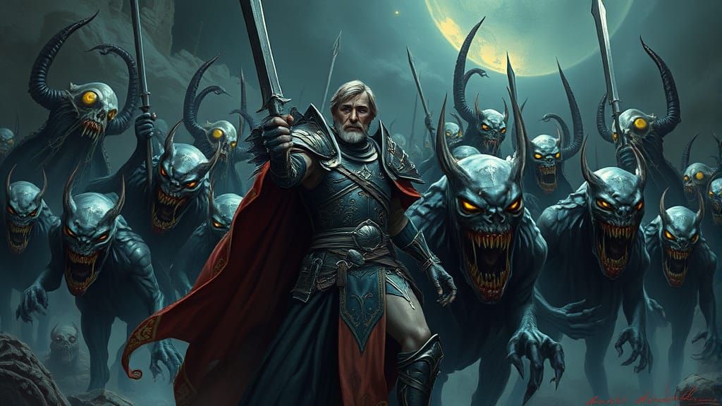 Armored Leader Guides Otherworldly Army in Mystical Landscap...