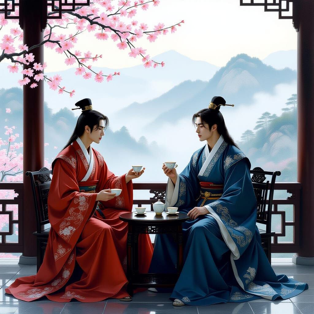Korean Men Sipping Tea in Pre-Raphaelite Style
