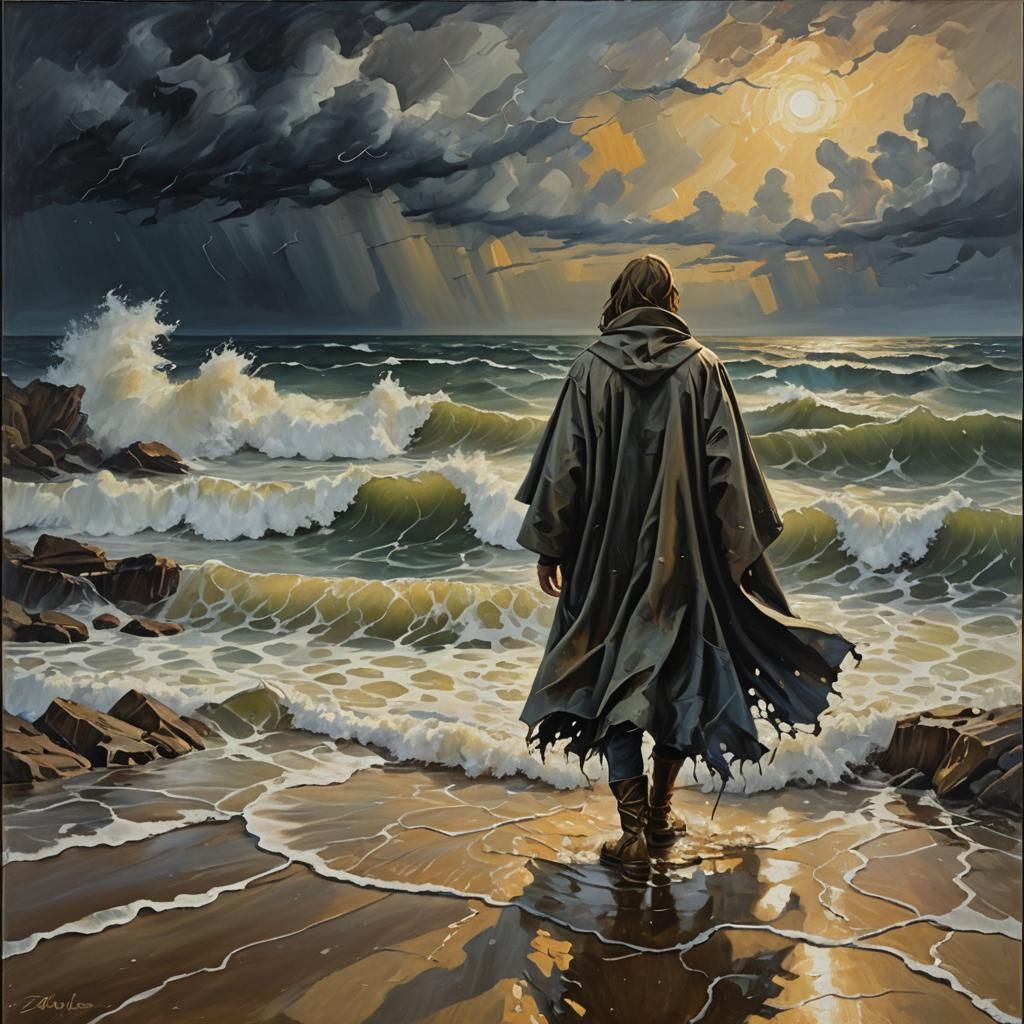 Cloaked Figure at Stormy Sea: Expressionist Oil Painting