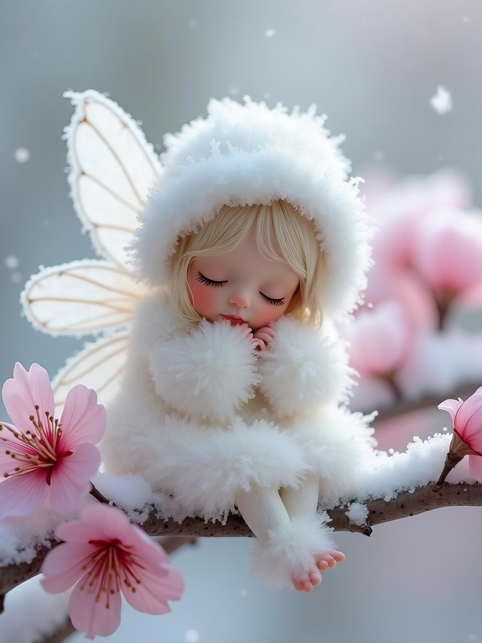 Snow Fairy Napping on Cherry Blossom Branch