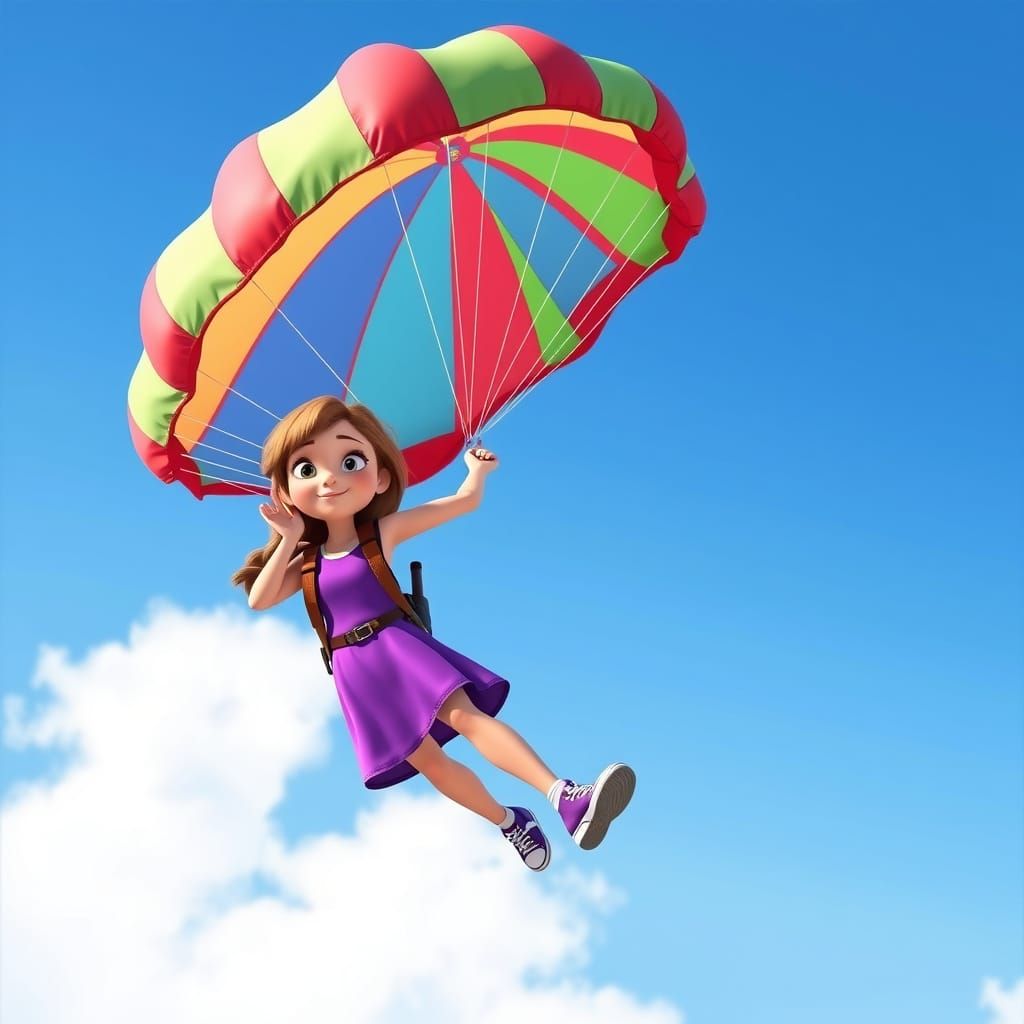 Girl with Parachute in Vibrant 3D Style
