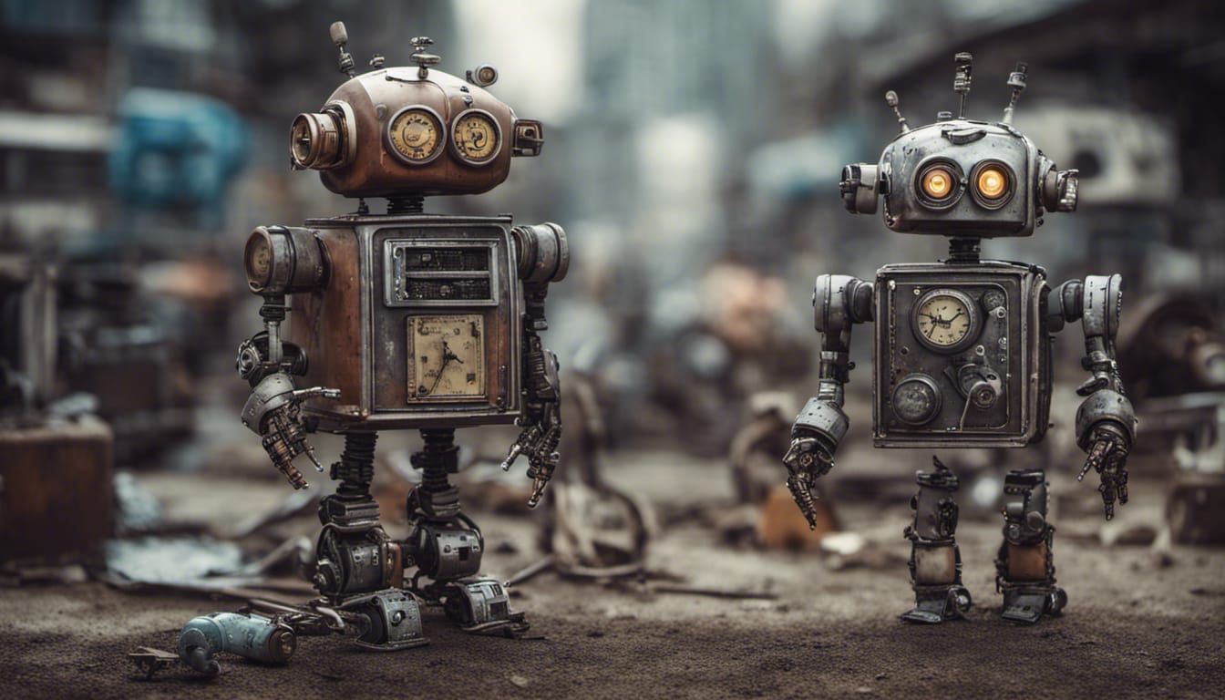 Robots Building Robots in Junkyard: Sci-Fi Digital Art
