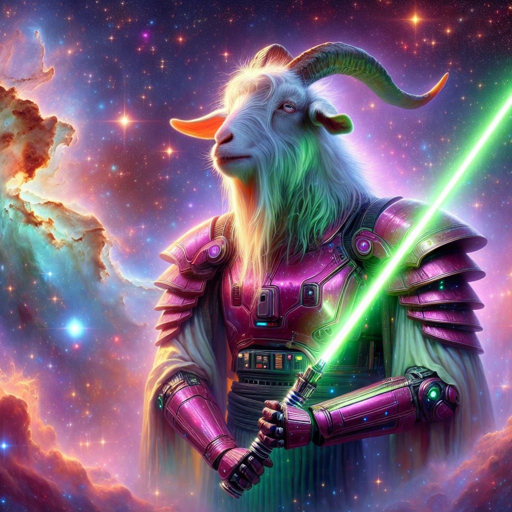 Robotic Goat Jedi Knight in Cosmic Fantasy