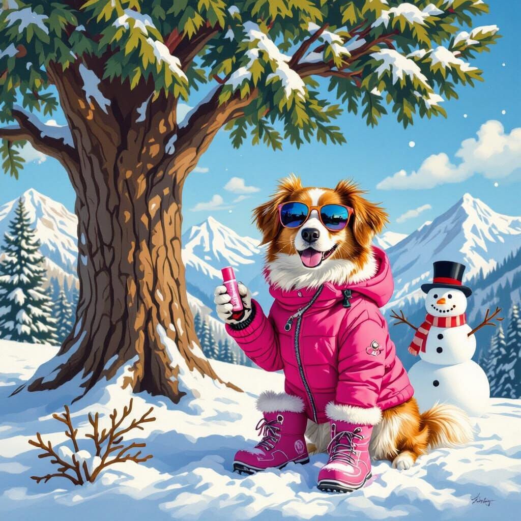 Dog in Snow Gear Poses in Winter Wonderland