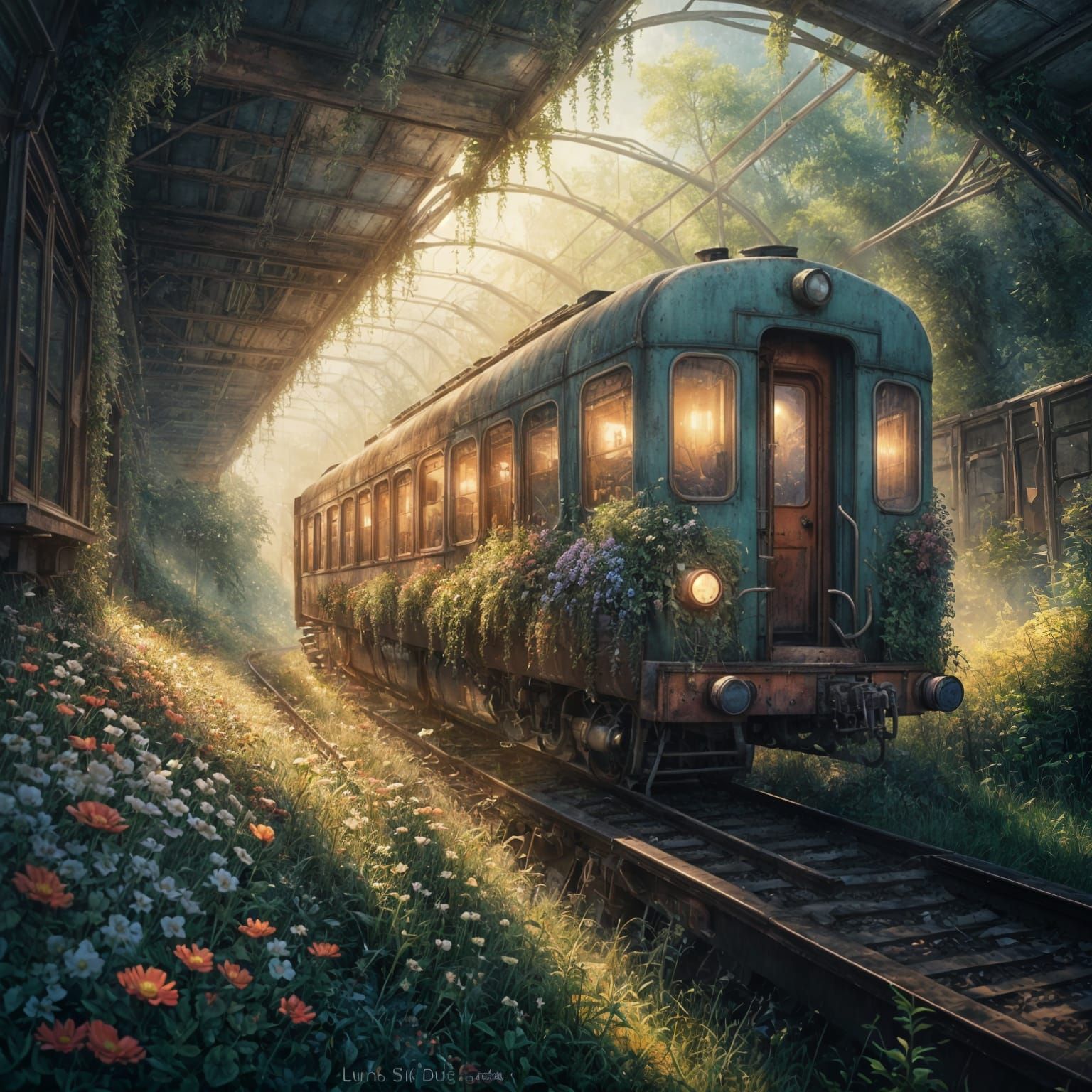 Abandoned Train Reclaimed by Nature in Detailed Matte Painti...