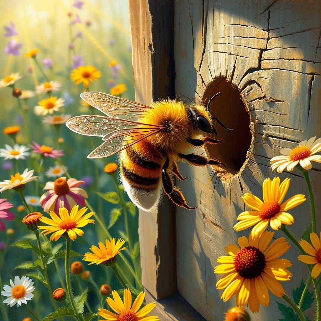 Golden Bee in a Vibrant Wildflower Garden