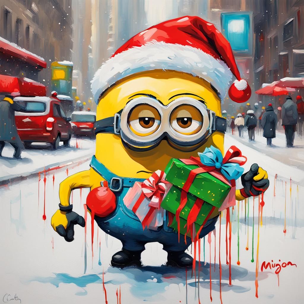 Minion With a Christmas hat,  Happy and happy shopping at Christmas with the streets of New York, decorated for Christma...