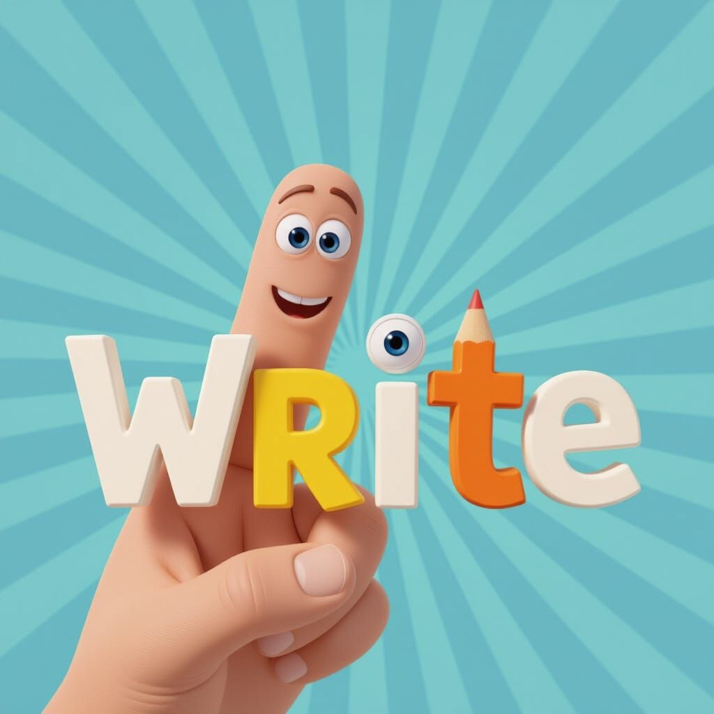Cute Finger Points to "Write" Text in Pixar Style