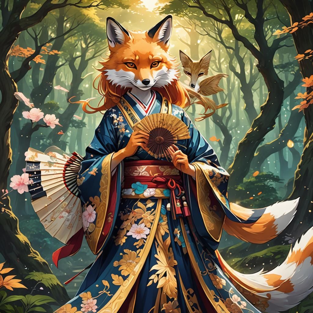 Anime Fox Spirit Lady in Mystical Forest