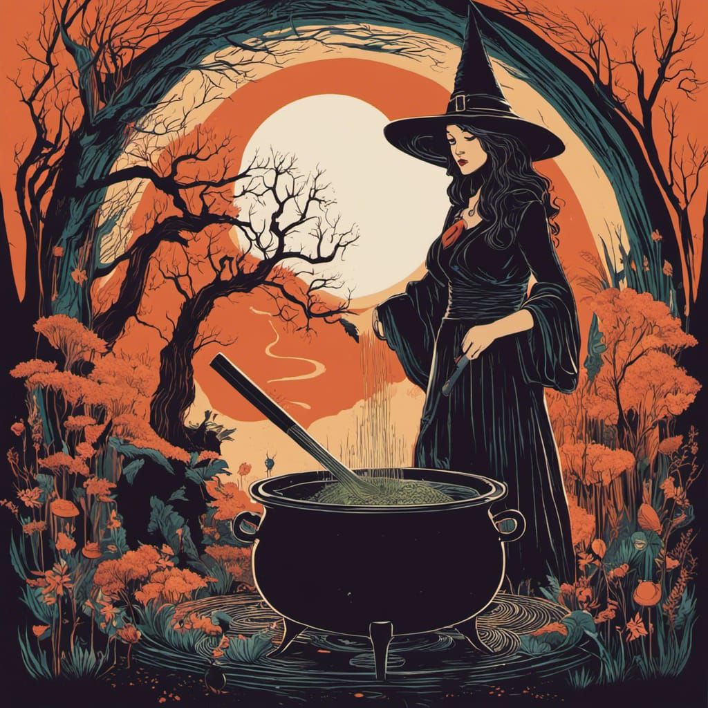 Minimalist Witch Stirring Cauldron: Studio Photo