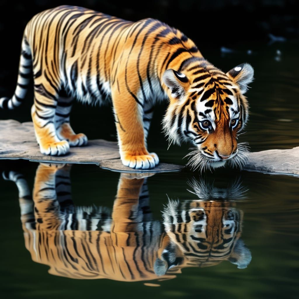 Cute Baby Tiger Gazes at Reflection in Water