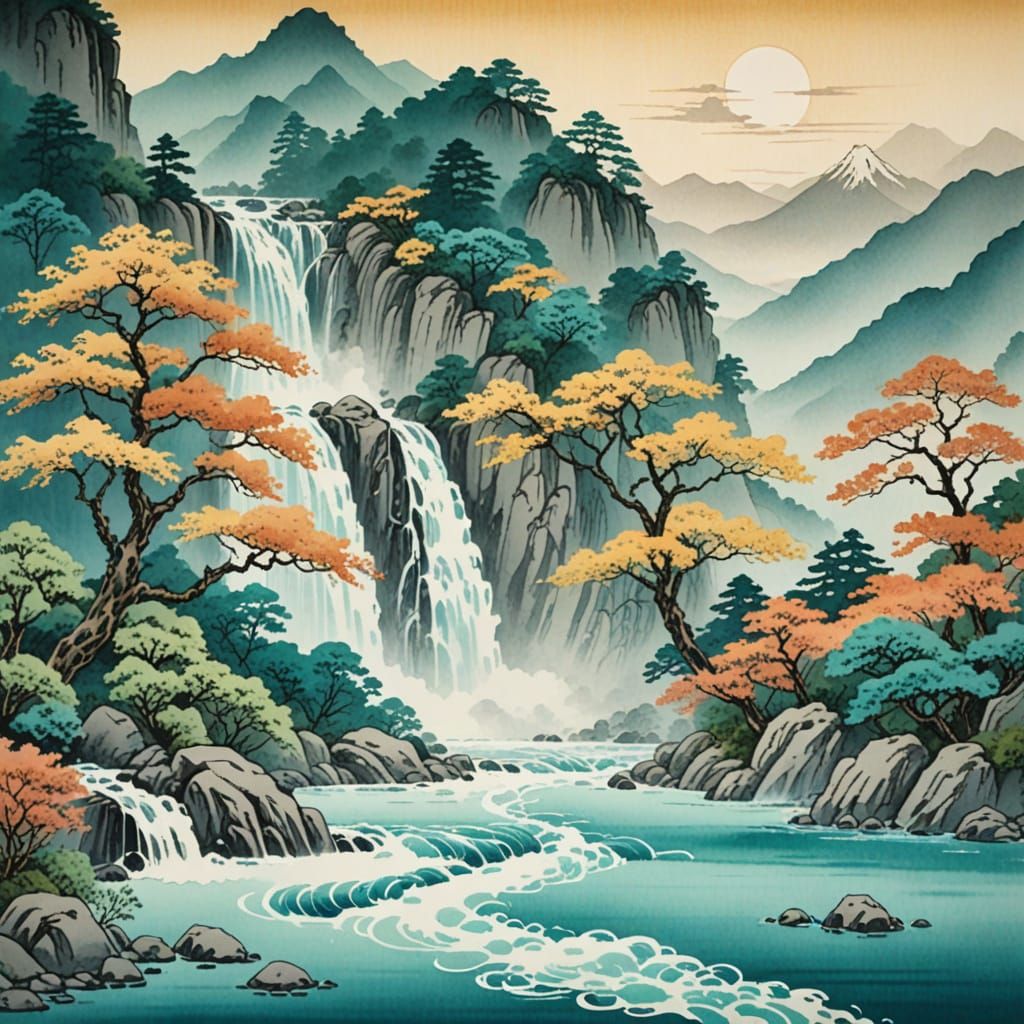 Turquoise Japanese Landscape in Ukiyo-e Style