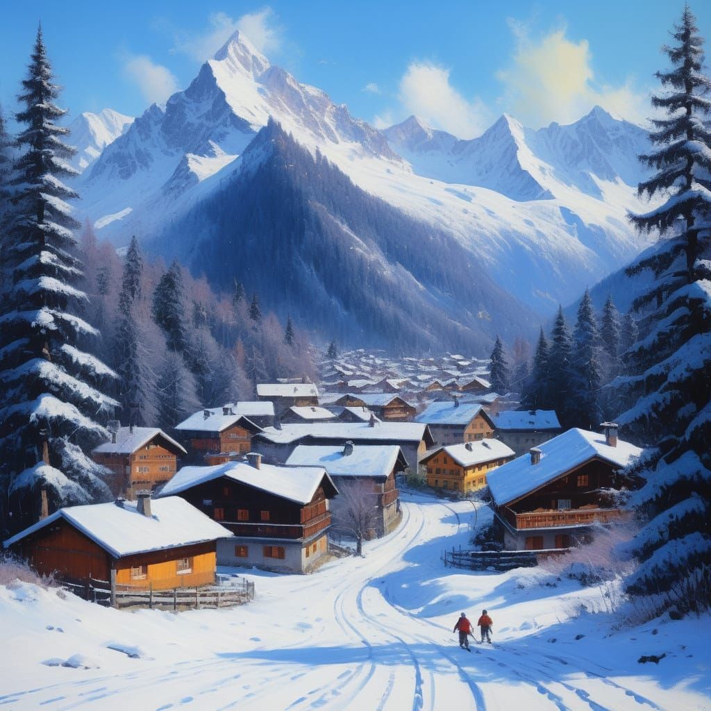 Impressionist Swiss Alpine Village in Winter Snow