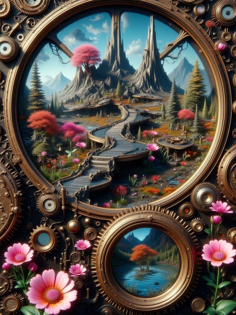 Steampunk Automaton Reflects Flowers and Wasteland