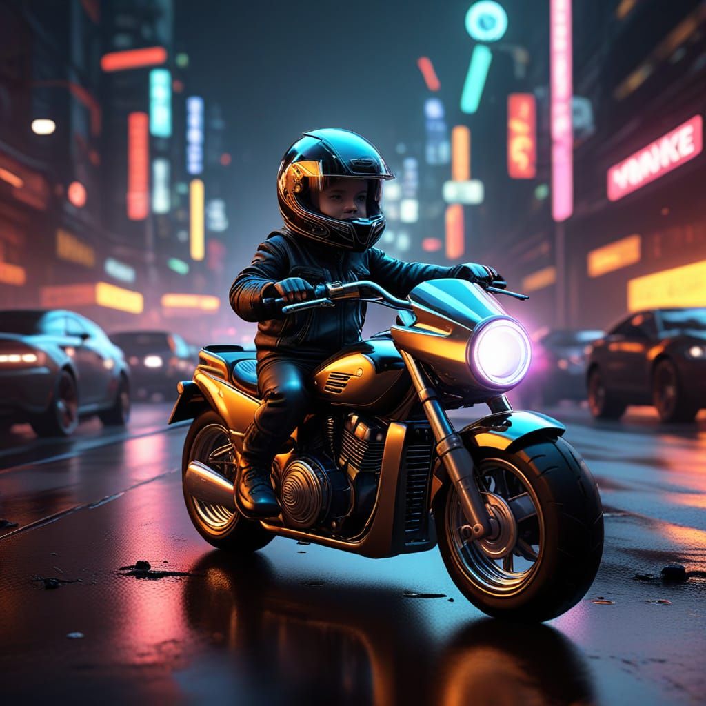 Baby on Futuristic Motorcycle in Hyper-Realistic Digital Art