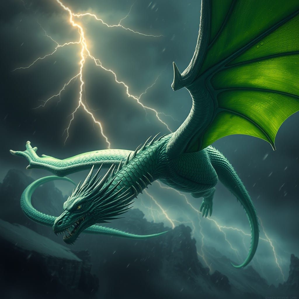 Majestic Green Dragon Soars Through Turbulent Storm