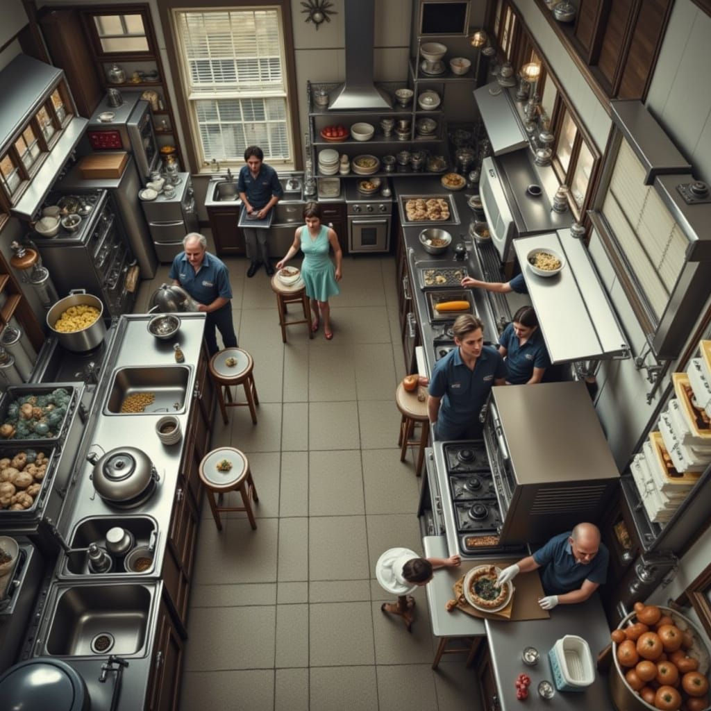 Fly's-Eye View of a Hotel Kitchen in Hyper-Realism