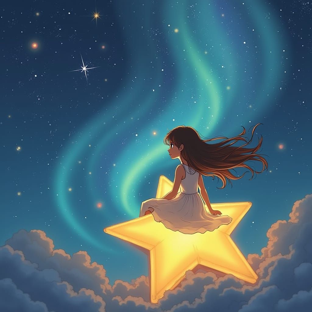 Girl on Star Gazing at Galaxies, Miyazaki Style