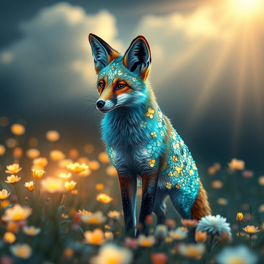 Bioluminescent Fox with Mosaic Fur in Spring Meadow