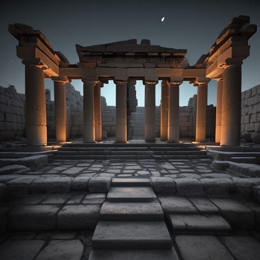 Knossos Palace Ruins at Night: Photorealistic View