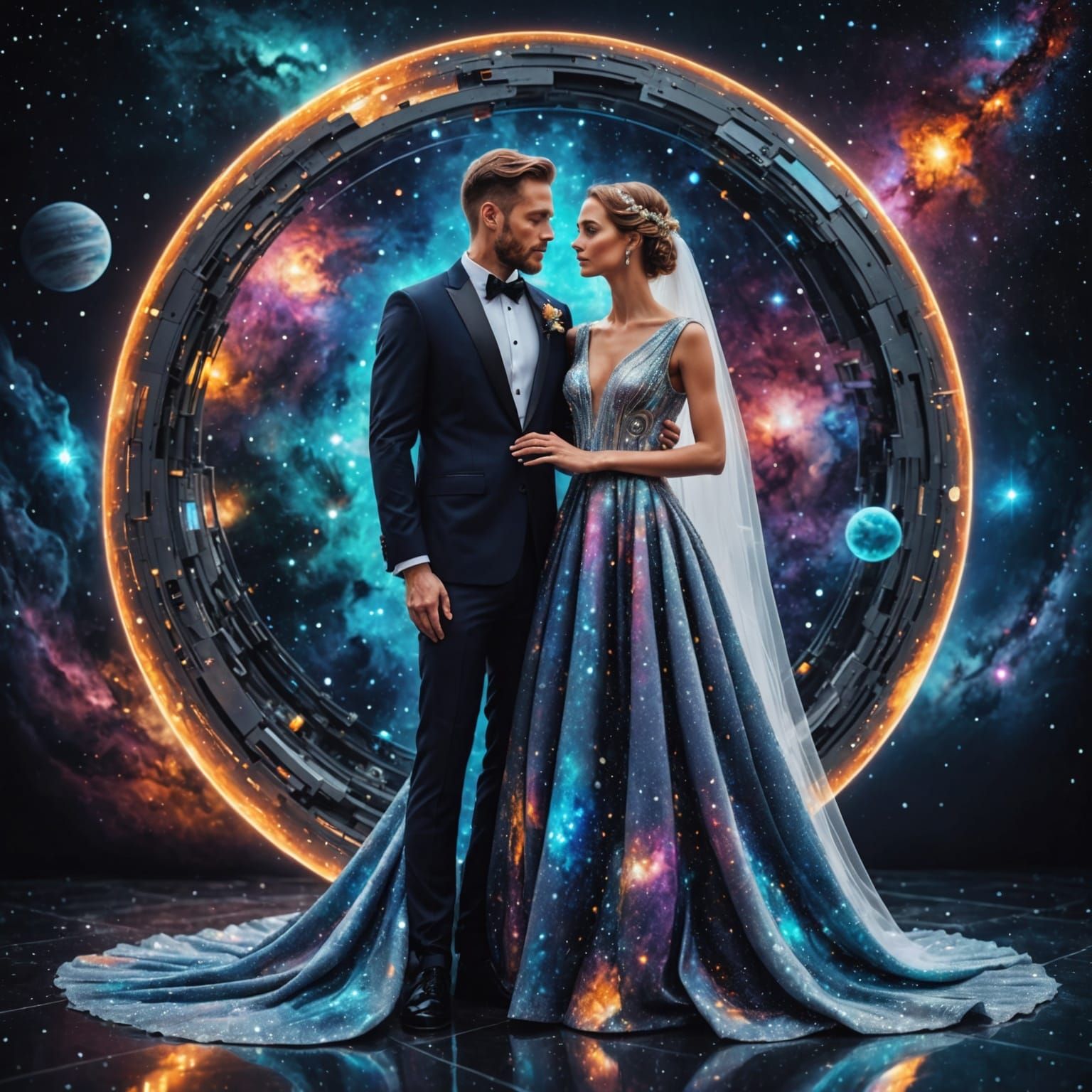 Cosmic Wedding: Futuristic Couple Celebrates in Space