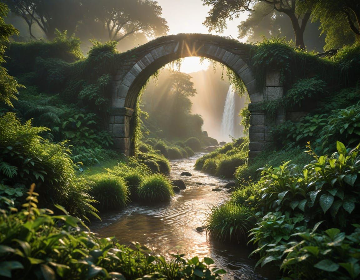 Lush Landscapes with Arched Stone Bridge and Waterfall