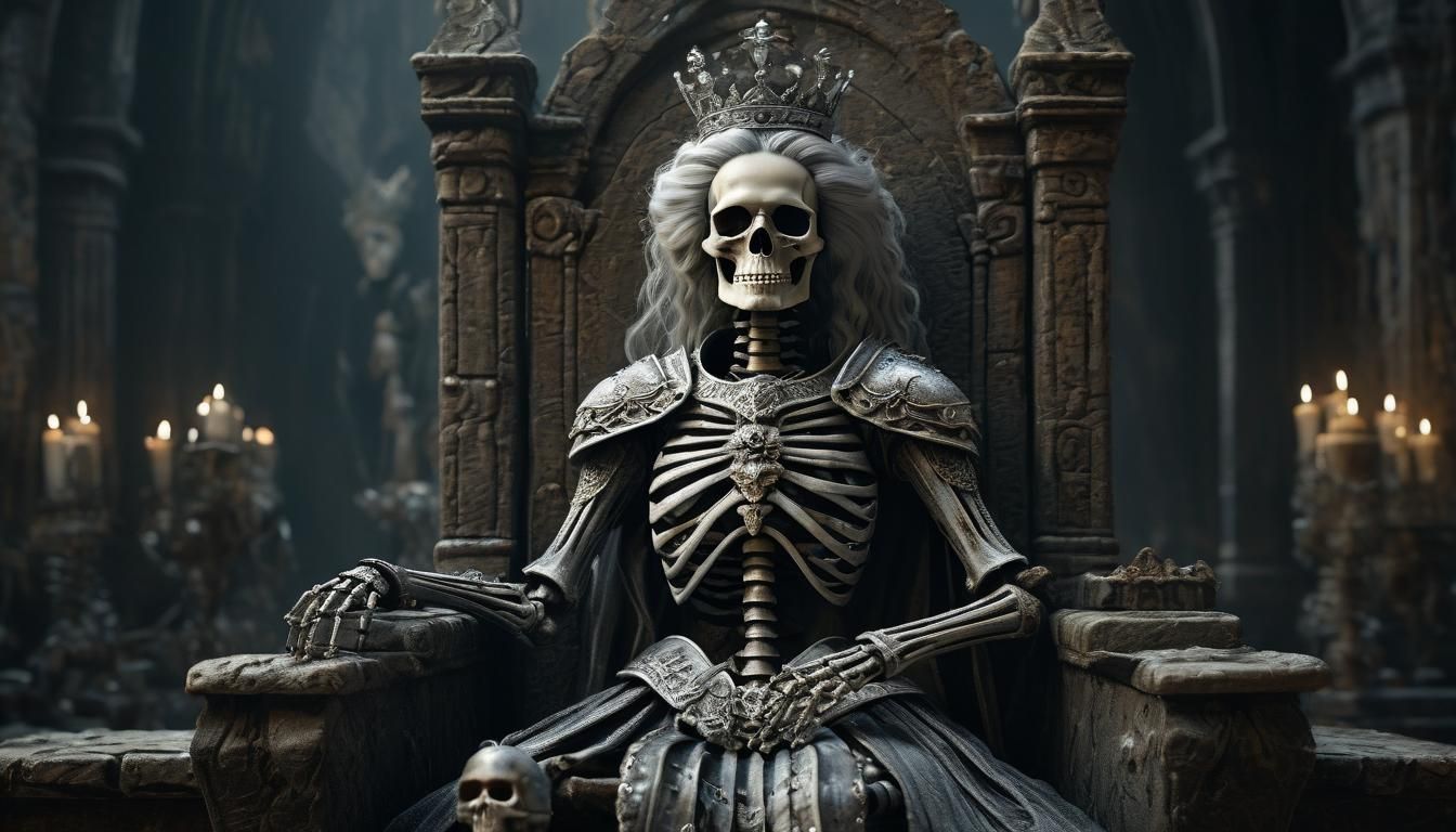 Skeletal Queen on Throne with Knight, Artstation Quality