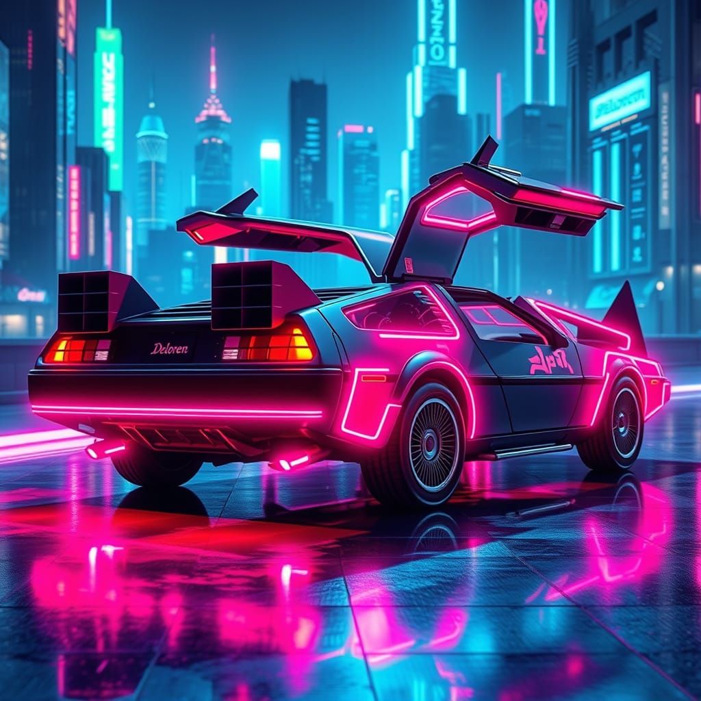 Cyberpunk DeLorean Time Machine in Futuristic Cityscape