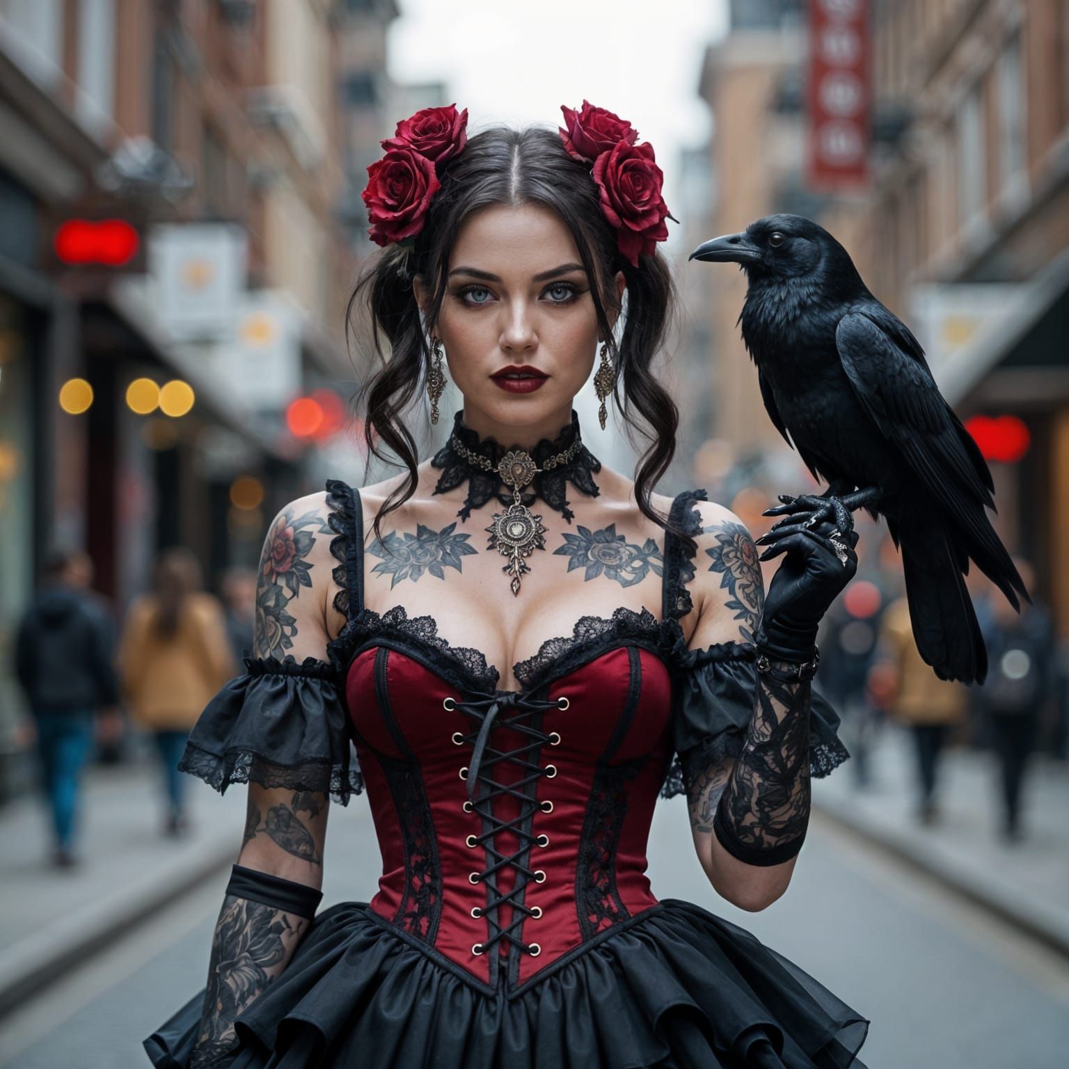 Gothic Woman With Raven in City Street