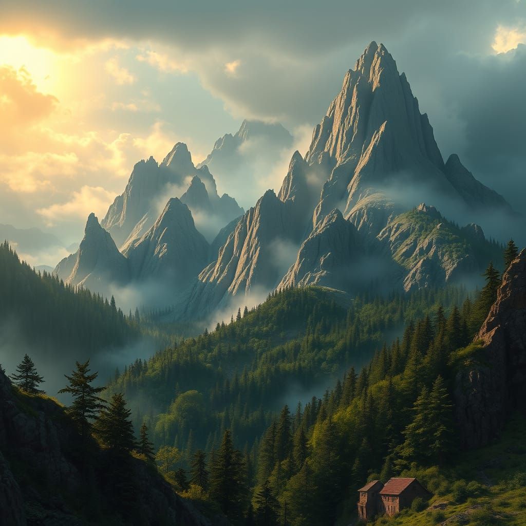 Medieval Fantasy Mountains in Warm Golden Light