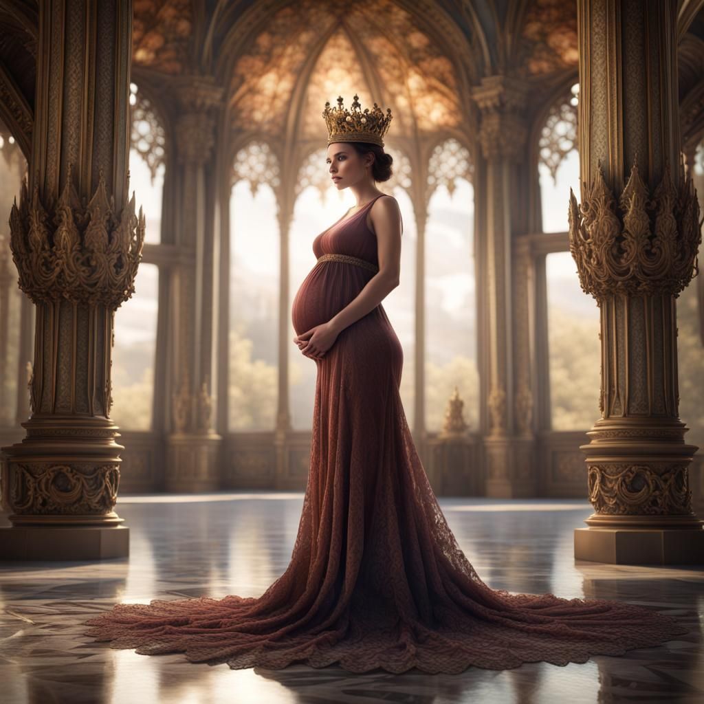Pregnant Queen in Ornate Palace, Digital Art