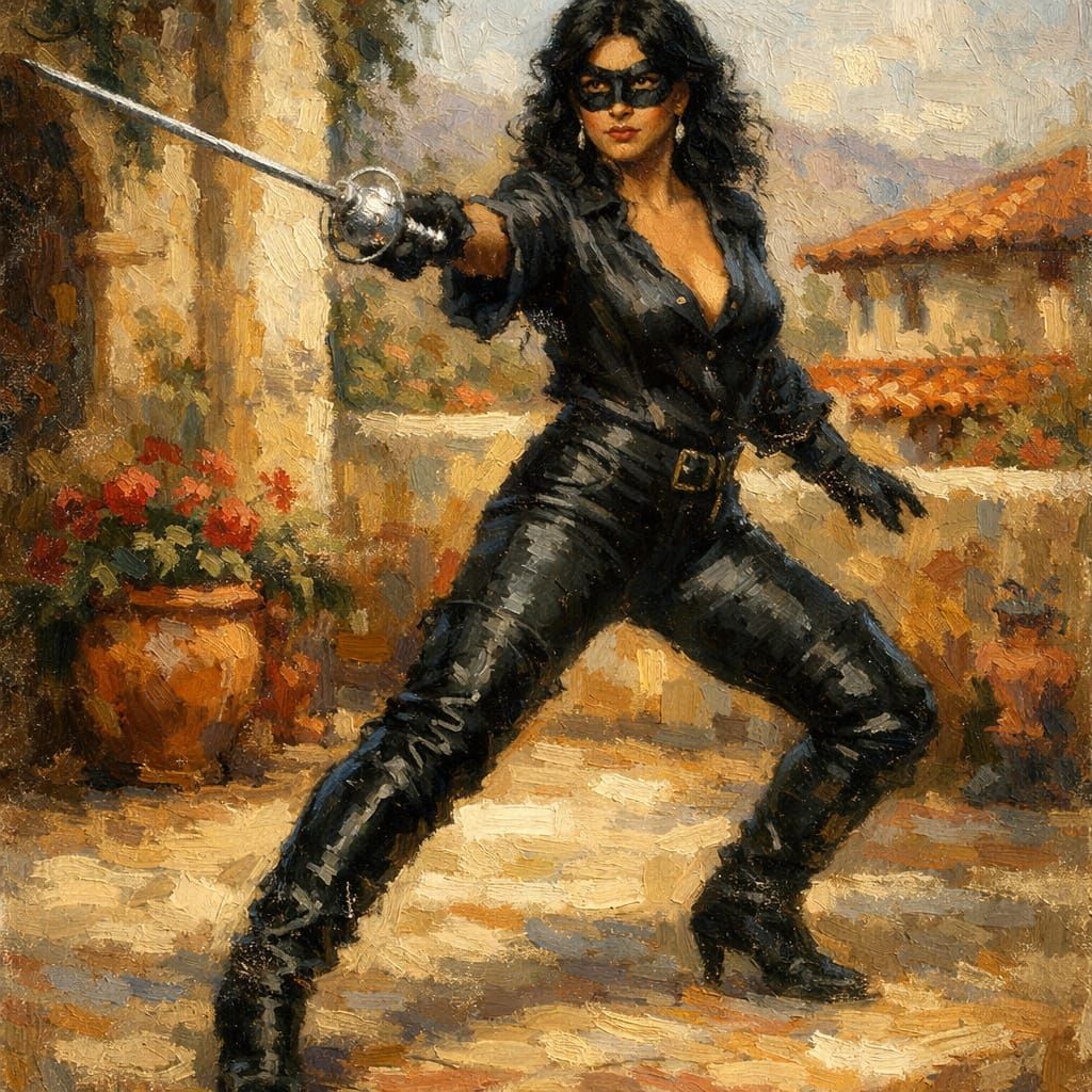 Impressionistic Painting of a Woman with Rapier on Patio