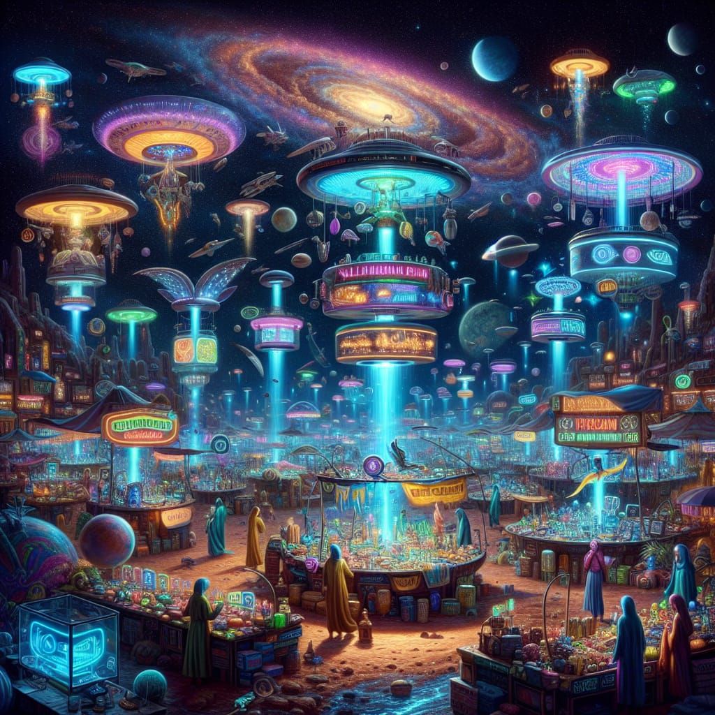 Bustling Intergalactic Marketplace on Alien Planet
