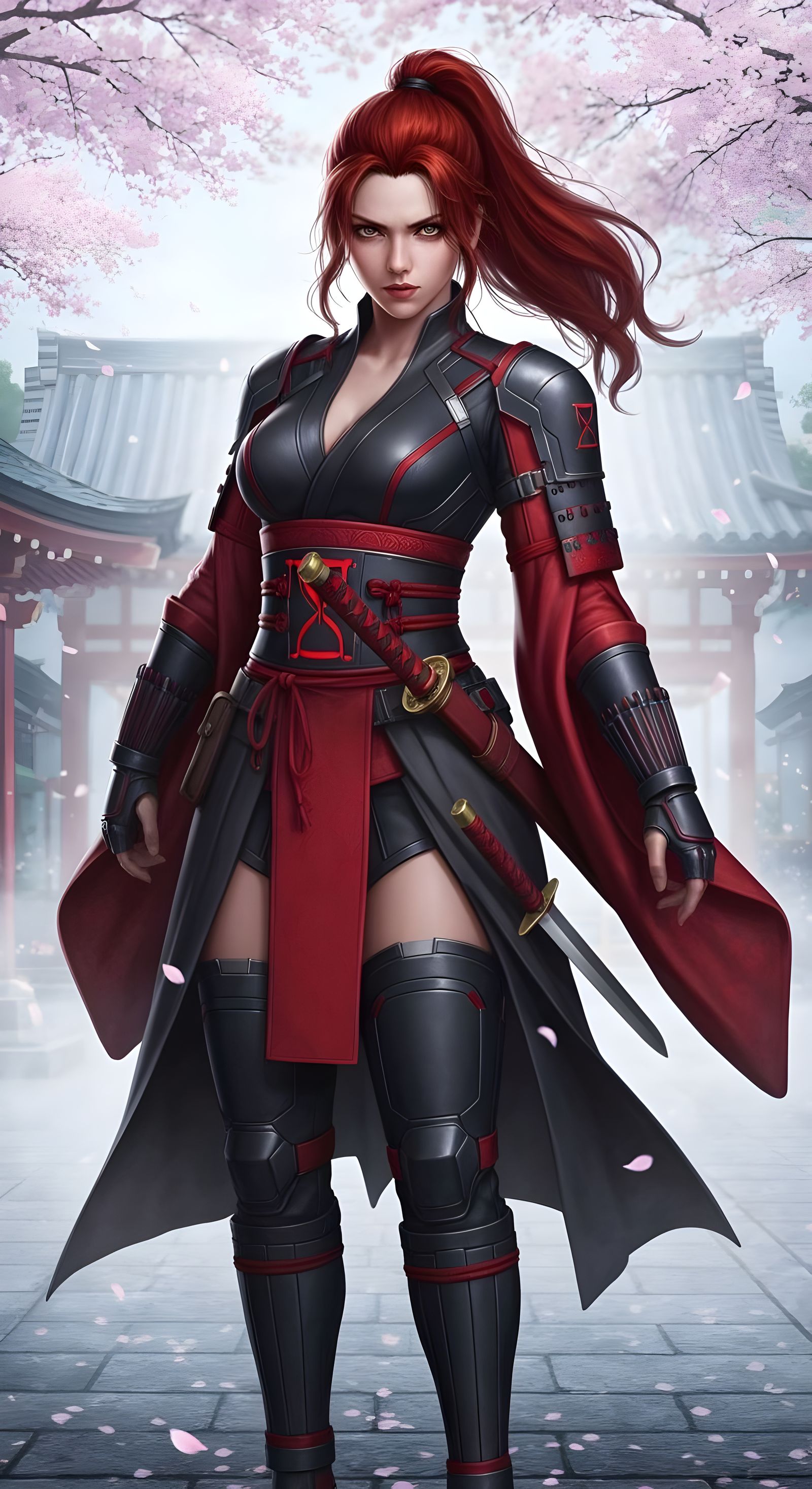 Samurai Warrior Inspired by Black Widow in Japanese Temple