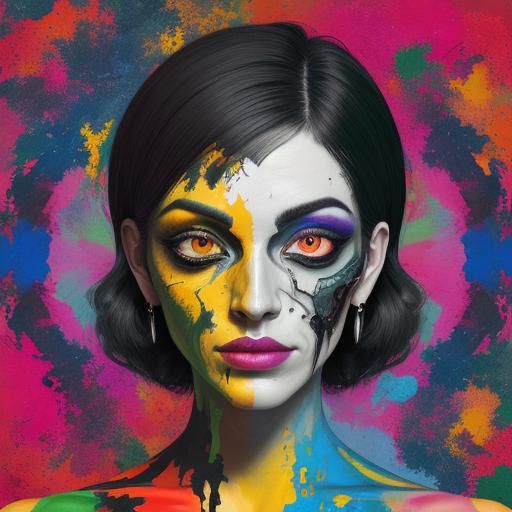 A distorted self-portrait: Paint a person's face in a fragmented style, with features like eyes and mouth appearing in m...