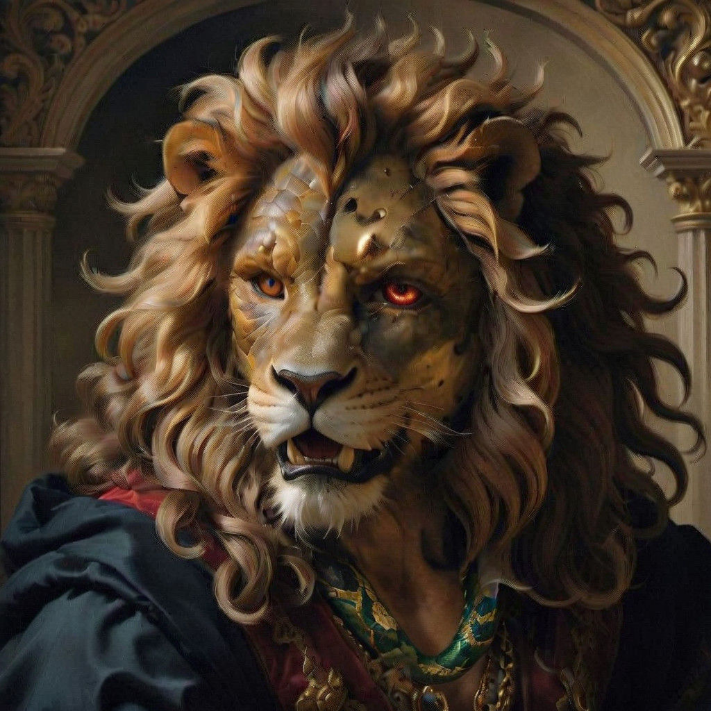 Regal Lion-Man Transforms into Dragonborn in Baroque Style