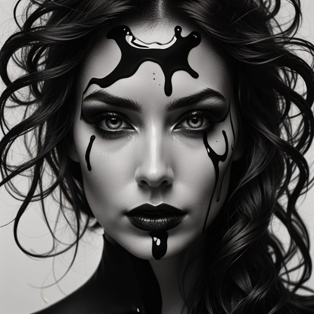 Mysterious Woman with Ink-Like Makeup in Close-Up Portrait