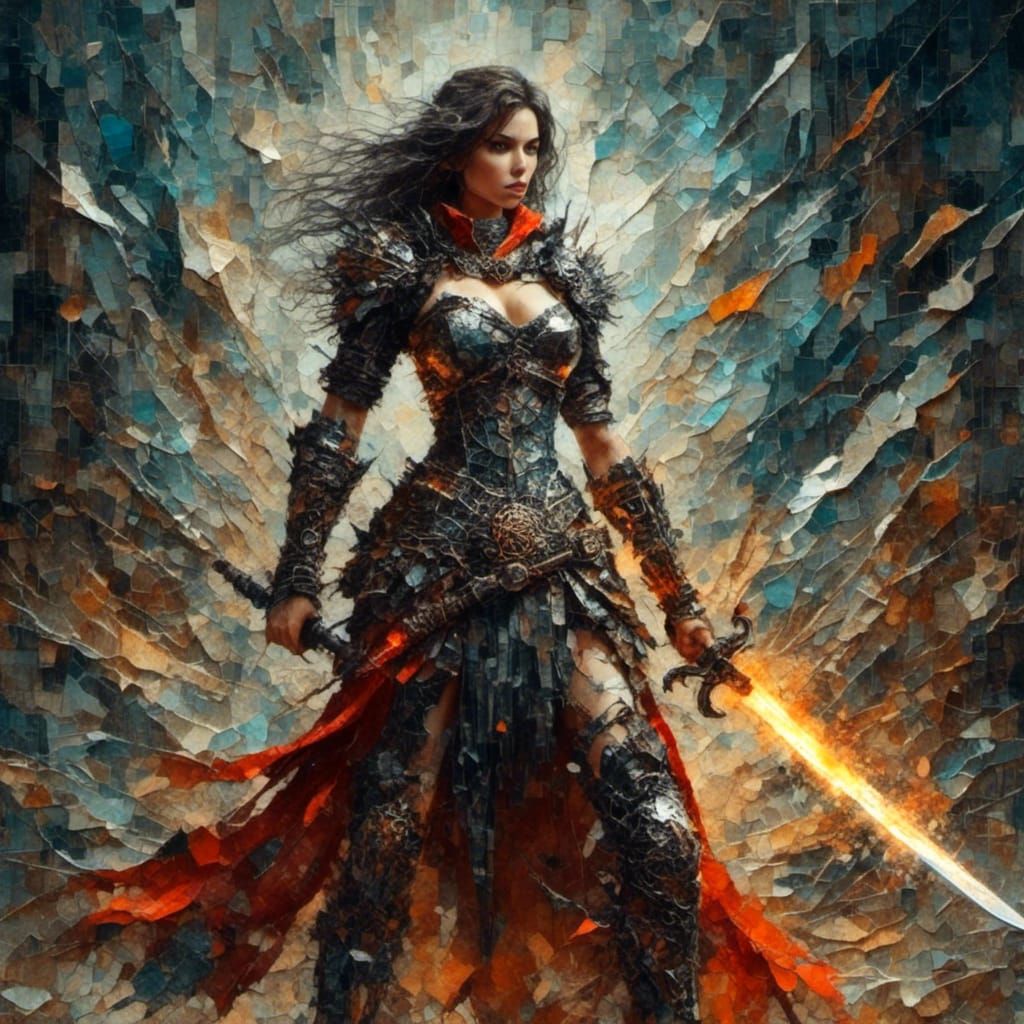 Female Warrior with Sword Collage Effect