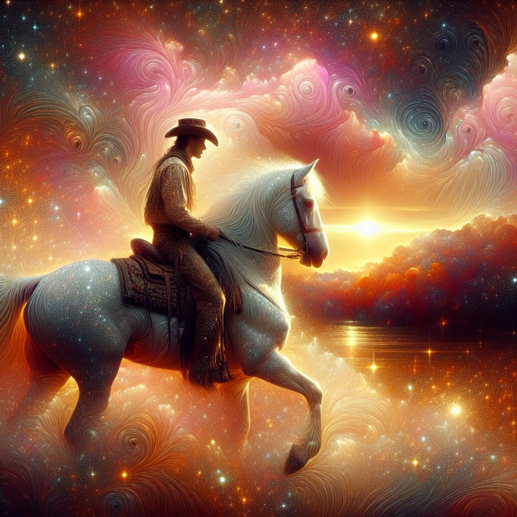 Cowboy Silhouette on White Horse at Sunset