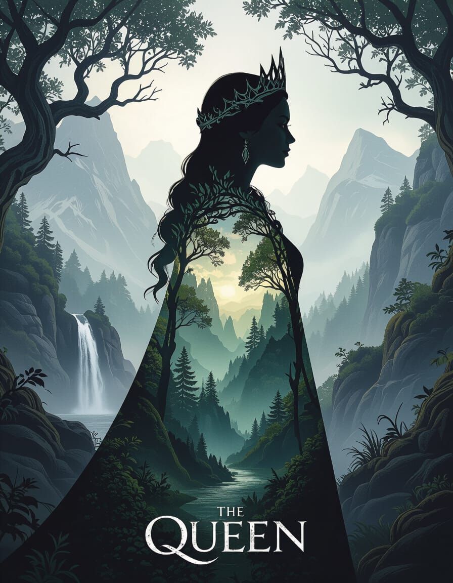 Nordic Queen Silhouette Merged with Ancient Forest