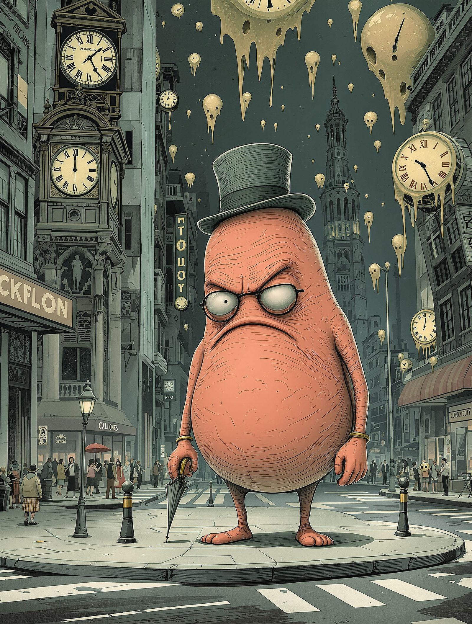 Anthropomorphic Bunion in Bowler Hat on City Street