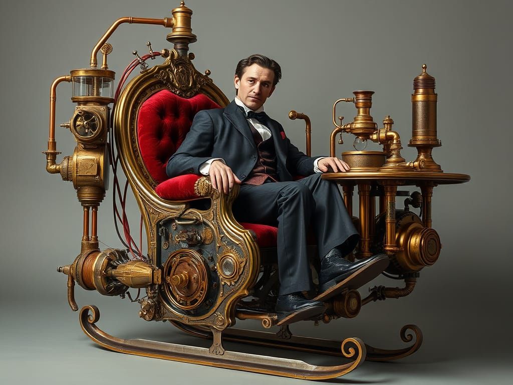 Steampunk Victorian Man in Elaborate Chair Contraption