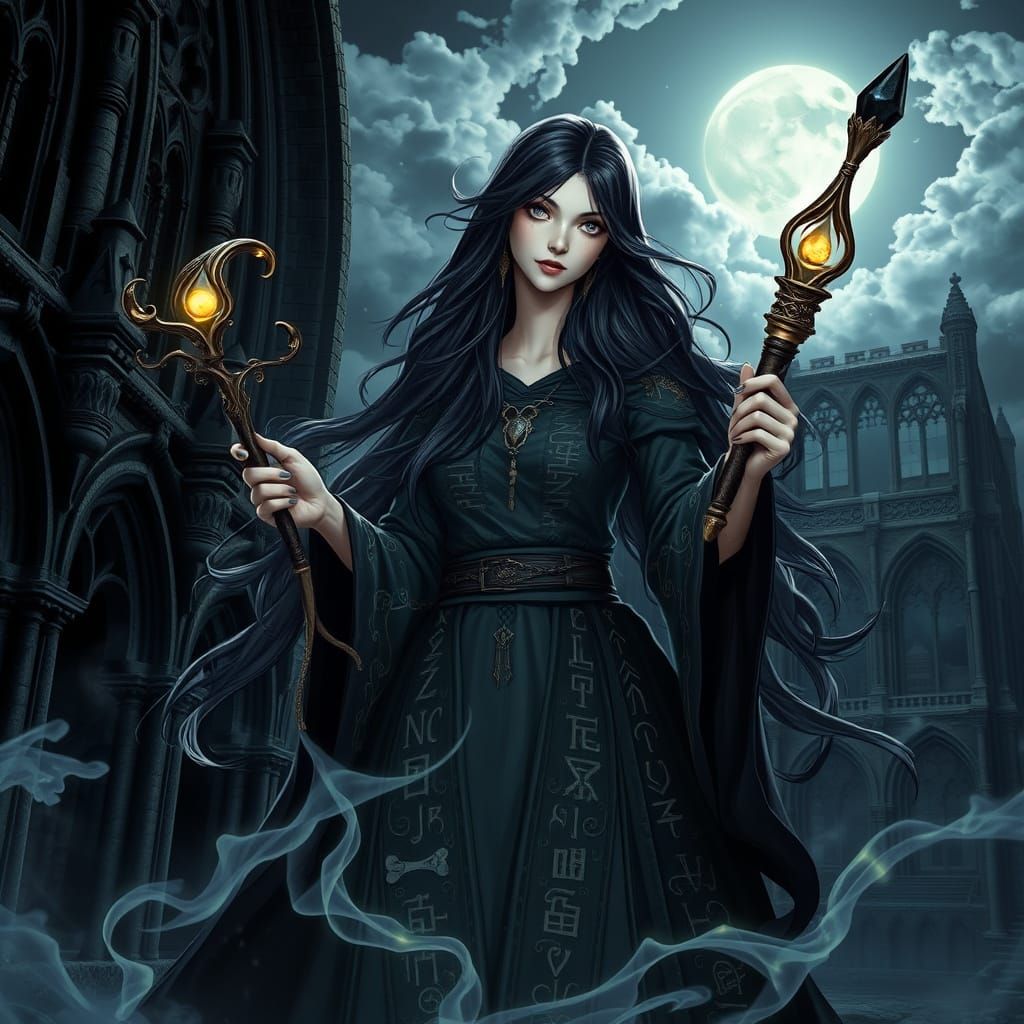 Ethereal Gothic Goddess with Ancient Ruins and Glowing Arcan...