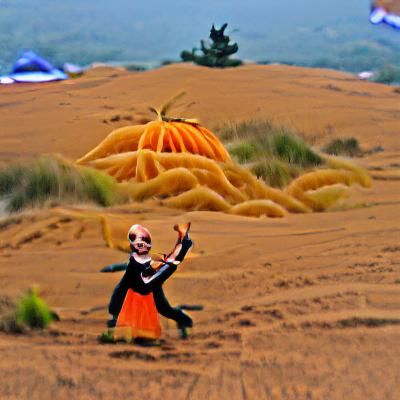 Whimsical Pumpkin King Dancing on Desert Dunes