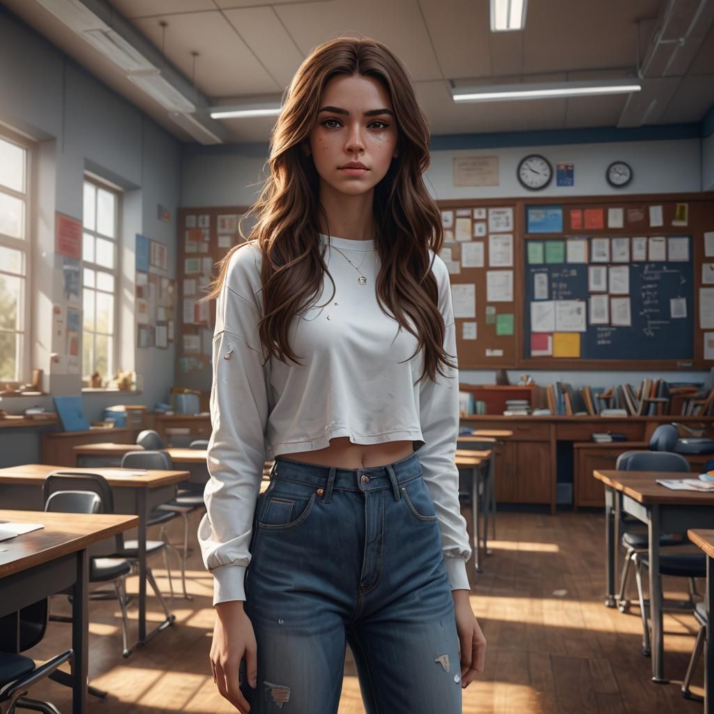 Girl in Classroom: Detailed Matte Painting in 8K