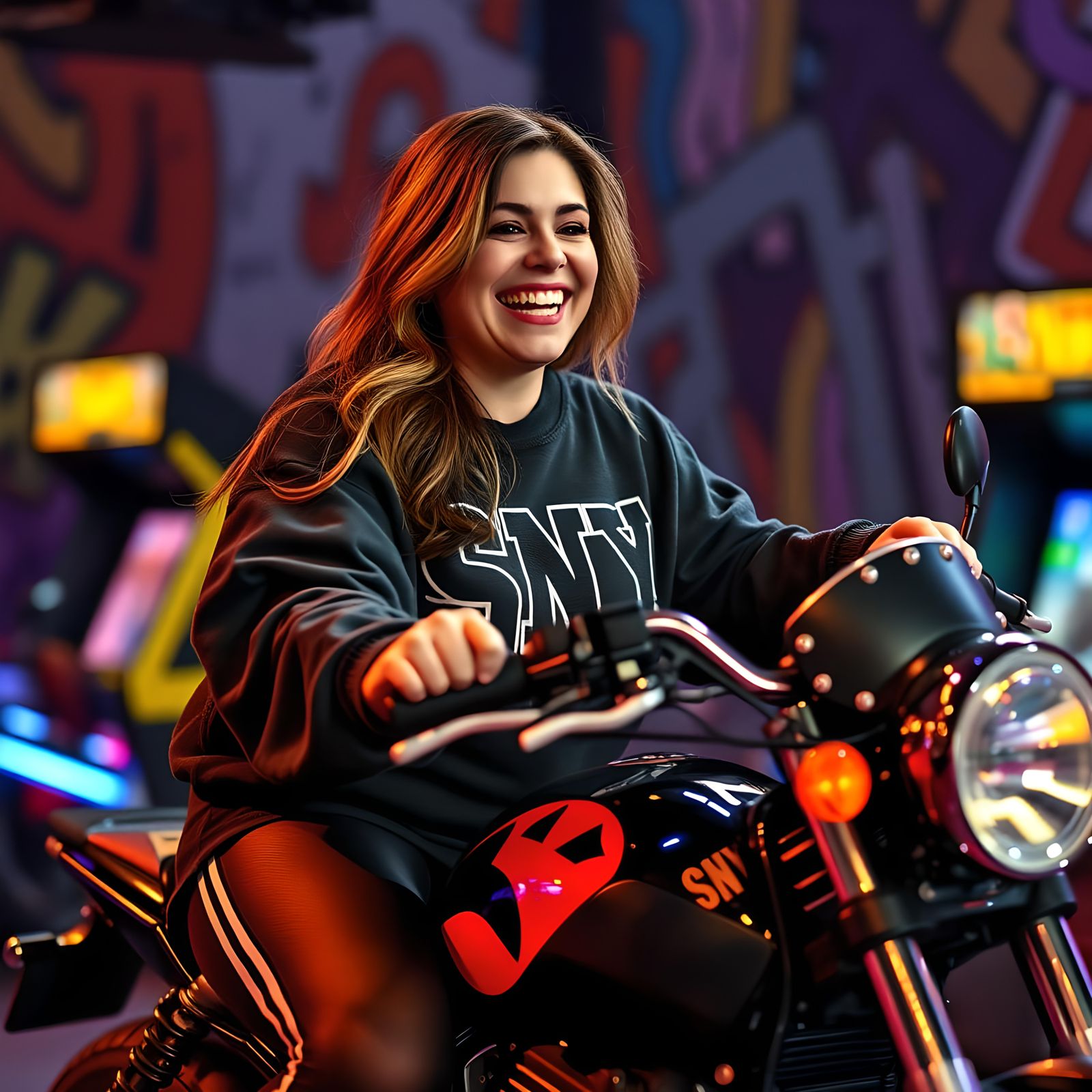 Woman's Victory at Arcade Motorcycle Game, Hyperrealistic
