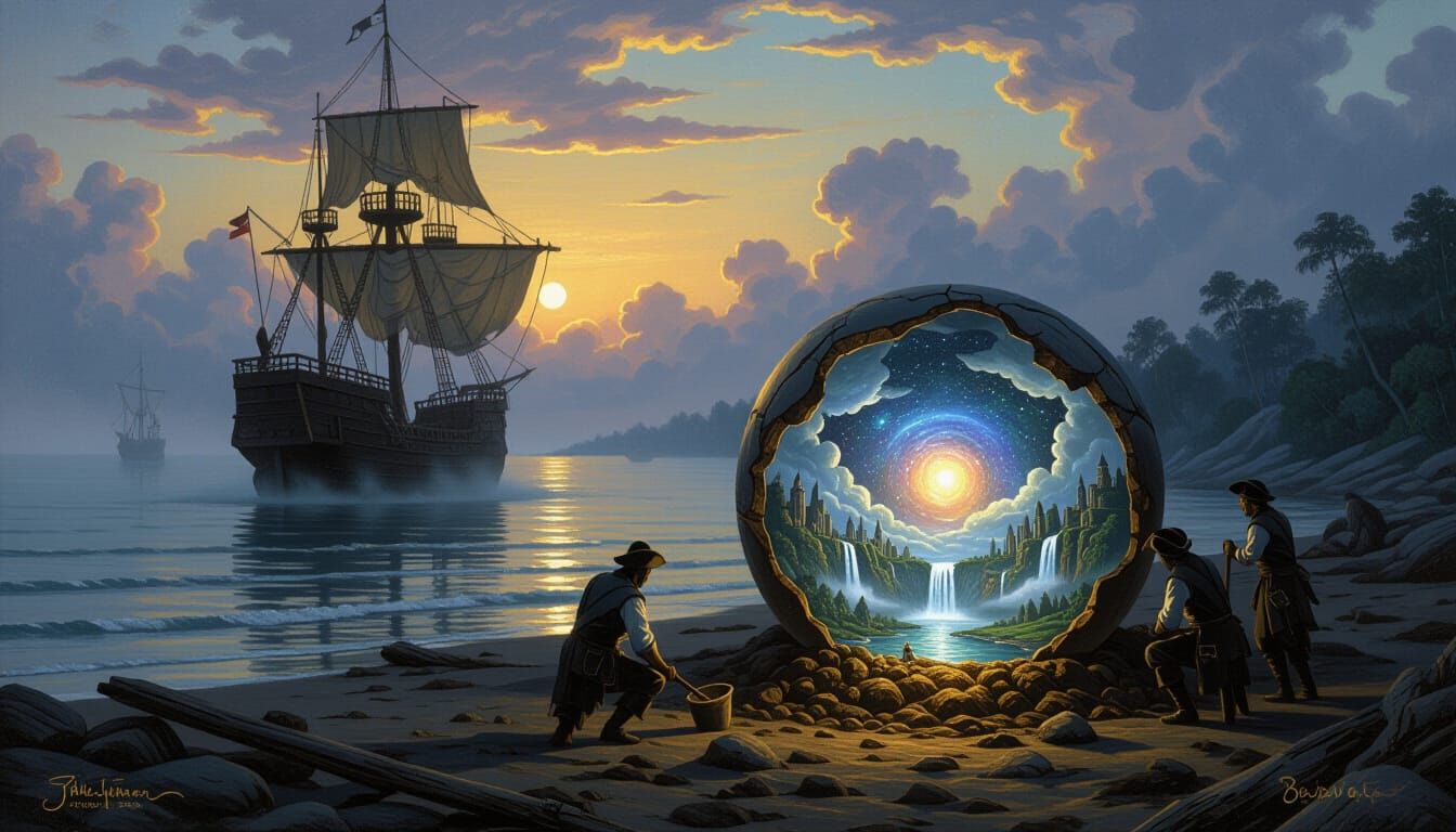 Pirate Treasure Hunt on Mist-Shrouded Oak Island Shoreline