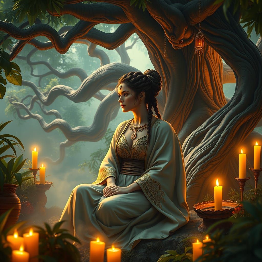 Elegant Goddess of Home in a Vibrant Sanctuary